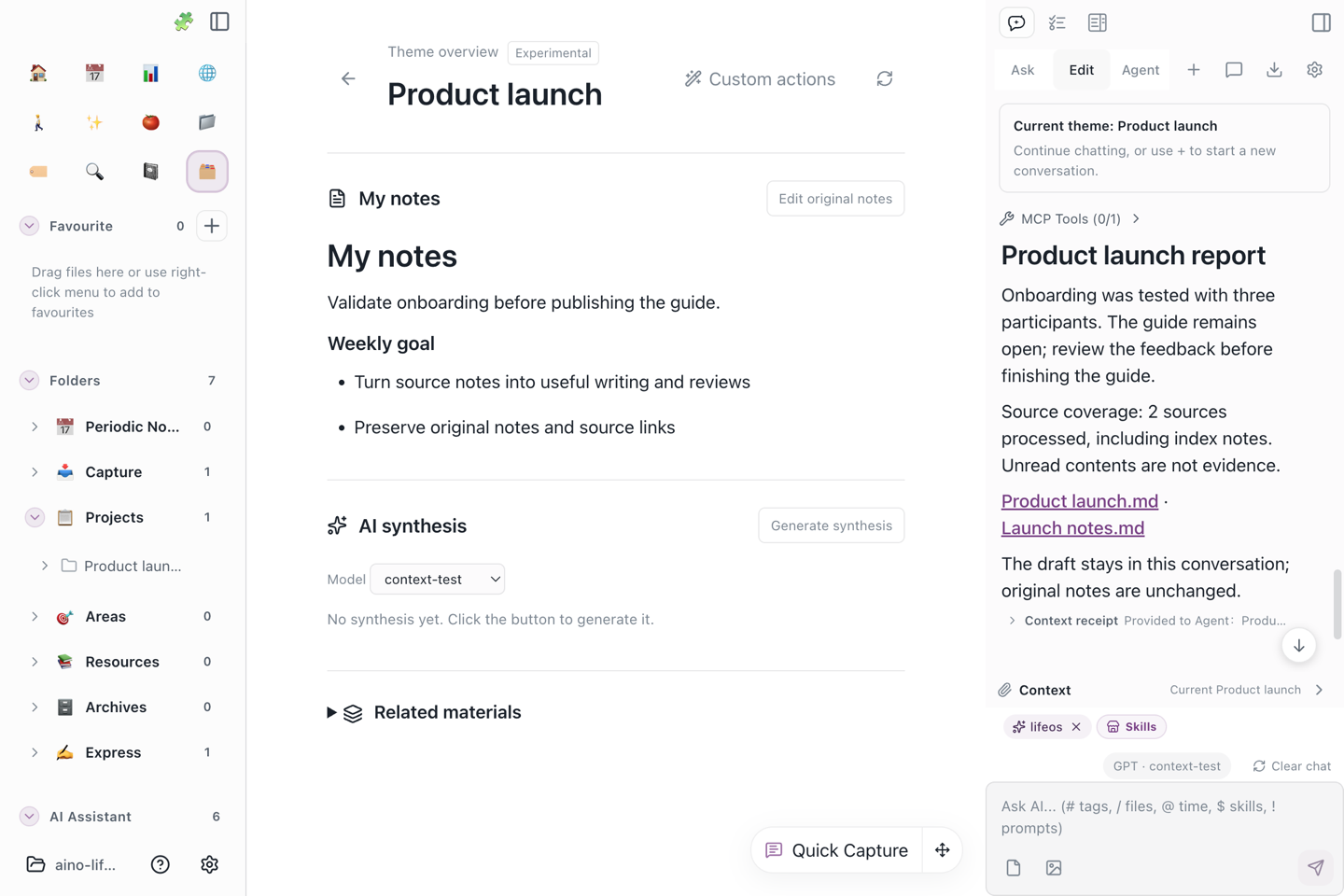 A source-based report appears in the right-side conversation while original notes remain in the center