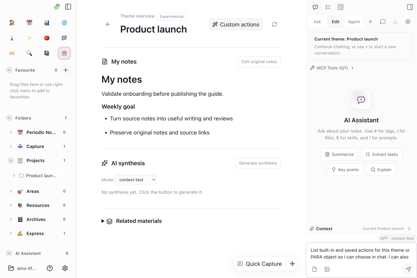 The existing object overview keeps original notes and materials while Custom actions prepares a conversation in the right sidebar